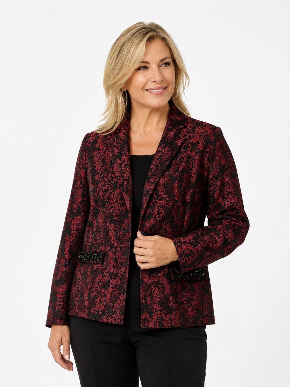 Chico’s Red and Black Blazer Jacket Size 1 Medium Petite Print Beaded Evening